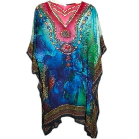 Boho Caftan Tunic – Faux Necklace Print w/ Rhinestones – One Size - Picture 3 of 16